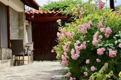a bush of pink flowers in front of a door at Iliikova House in Kalofer