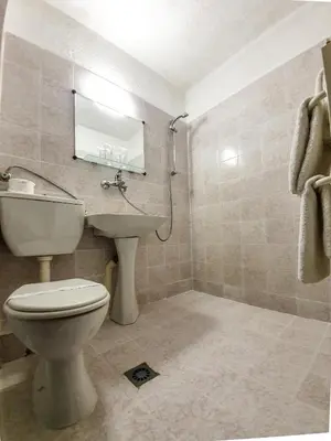a bathroom with a toilet and a sink and a mirror at Dolna Bania Hotel in Dolna Banya
