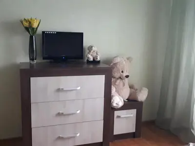 a teddy bear sitting on a dresser with a tv at Tulips - Room for travelers, close to the Airport, transport possible in Sofia
