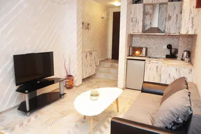 a living room with a couch and a tv and a table at IFM Boutique studio in Plovdiv
