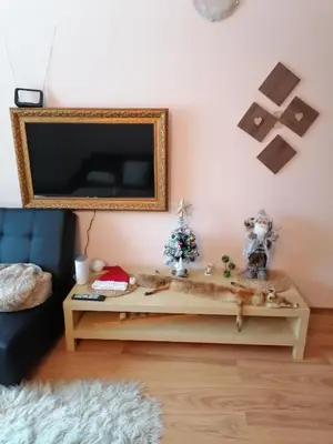 a living room with a table and a mirror at Evrika home 5 in Pamporovo