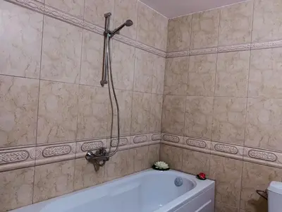a bathroom with a bath tub and a toilet at Evrika home 19 in Pamporovo