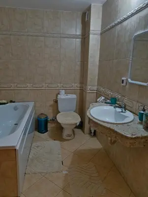 a bathroom with a sink and a toilet and a tub at Evrika home 19 in Pamporovo