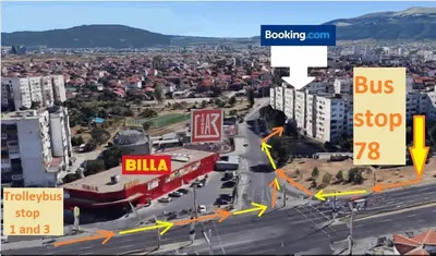 an overhead view of a city with a bus stop at New York - Room for overnight travelers near the Airport, parking in Sofia