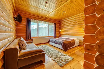 a bedroom in a log cabin with a bed and a couch at Вила Морава in Pamporovo