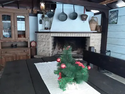 a christmas tree in a living room with a fireplace at Апартамент КАРЛИН in Pamporovo