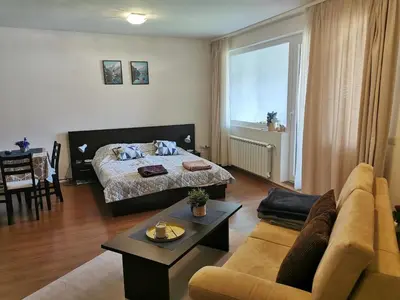 a living room with a bed and a couch at Sunny studio apartment - few steps from Gondola in Bansko