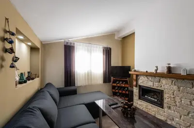 a living room with a couch and a fireplace at Апартаменти Ковачева in Bansko