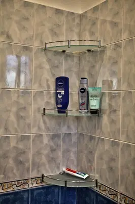 a bathroom with two shelves with toothbrushes on a tiled wall at 66 in Sofia in Sofia