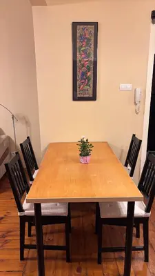 a wooden table with chairs and a potted plant on it at 66 in Sofia in Sofia