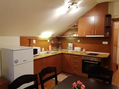 a kitchen with wooden cabinets and a white refrigerator at Studio at Home Pamporovo in Pamporovo