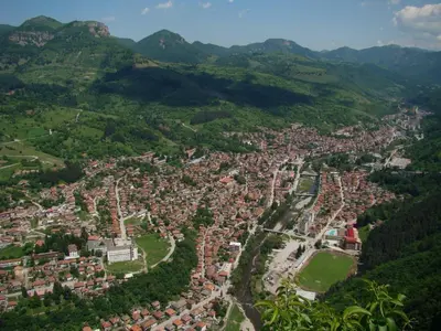 an aerial view of a city in the mountains at Olymp Hotel in Teteven