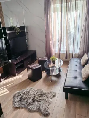 a living room with a black couch and a table at Iskra Apartment in Sofia