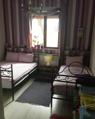 a bedroom with two beds and a window at Къща за гости Спасителна in Brezhani