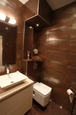 a bathroom with a toilet and a sink and a mirror at Brown Cottage Apartment in Sofia