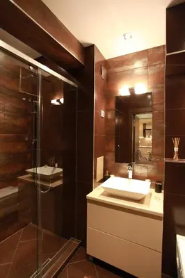 a bathroom with a sink and a shower at Brown Cottage Apartment in Sofia