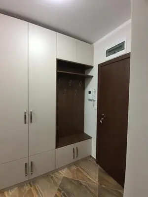 a closet with white cabinets and a brown door at VIP apartment & parking in Sofia