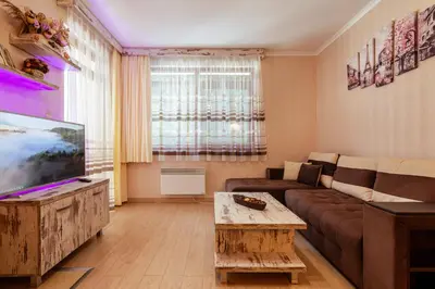 a living room with a couch and a flat screen tv at Lake View Apartment in Pamporovo