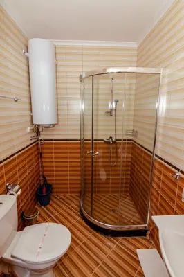 a bathroom with a shower and a toilet and a sink at Lake View Apartment in Pamporovo
