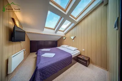 a bedroom with a purple bed and a skylight at Aparthotel Forest Nook in Pamporovo