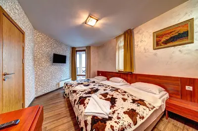 a bedroom with a bed and a television in it at Вили Forest Nook in Pamporovo