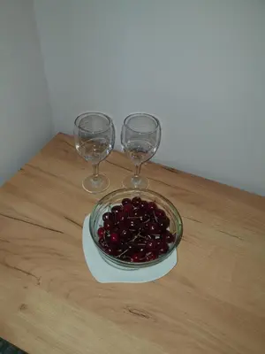 two wine glasses and a bowl of cherries on a table at Sunny Apartment in Blagoevgrad