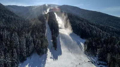 an aerial view of a snow covered mountain with trees at Sunny Apartment in Blagoevgrad