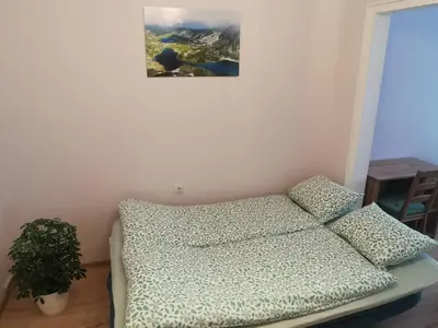 a couch in a room with a picture on the wall at Rila Apartment in Sofia