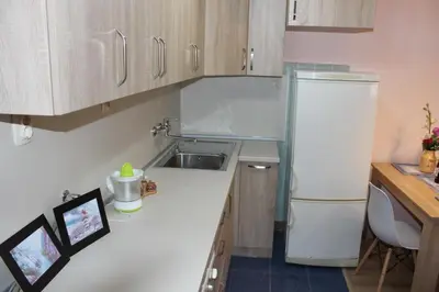 a kitchen with a white refrigerator and a sink at СТУДИО-ЛАМБО in Sandanski