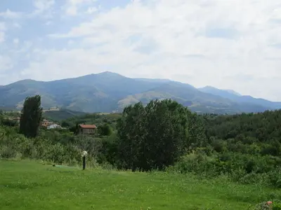a green field with mountains in the background at Villa Aya in Smochevo