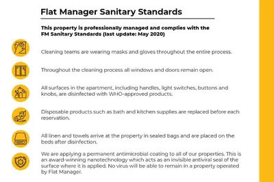 a screenshot of a cell phone screen with a sign that reads first manager sanitation standards at Alma Apartment - Stylish 1BD Flat with Balcony by Flat Mаnager in Plovdiv