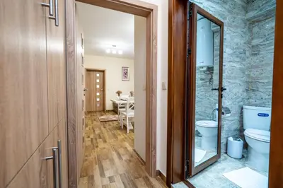 a bathroom with a toilet and a walk in shower at Park Apartment Emilin in Sandanski