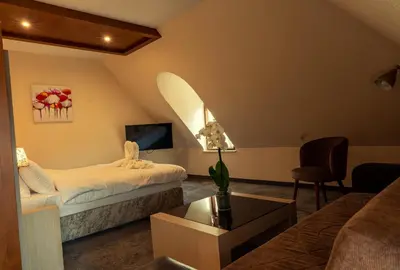a hotel room with a bed and a couch at Boutique hotel Provence Бутик хотел Прованс in Petrich