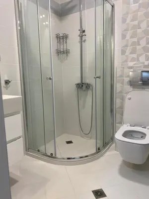 a bathroom with a shower and a toilet at Boutique Magenta Gold Apartment in Sofia