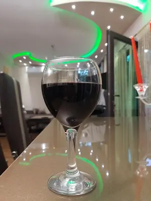 a glass of red wine sitting on a counter at Вила МАЯ in Krayni Dol