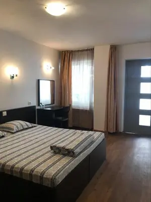 a bedroom with a bed and a desk in it at Hostel Pop Bogomil in Sofia