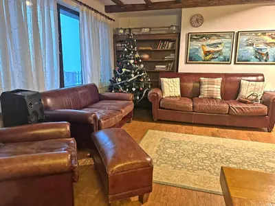 a living room with leather furniture and a christmas tree at Stoykite-Pamporovo Nature Retreat in Stoykite