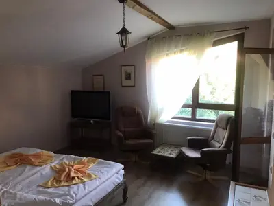 a living room with a television and two chairs at Guest House Kalina in Sapareva Banya