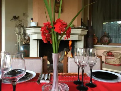 a table with wine glasses and a vase with red flowers at Luxury Villa Borina in Zheleznitsa