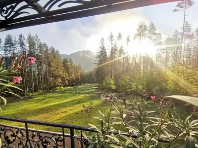 a view of a garden from a balcony at Вила АРБОРЕТУМ - онлайн self check-in in Teteven