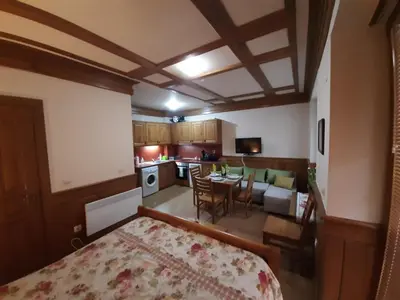 a kitchen and a living room with a table in a room at Private Studio Pirin Golf Hotel Bansko in Razlog