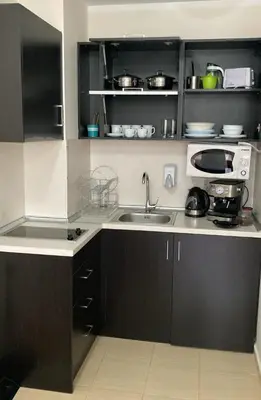 a kitchen with a sink and a microwave at Апартамент С-59 в Апарт-хотел Боровец Гардънс in Borovets