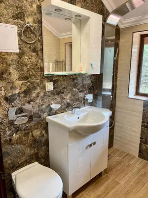 a bathroom with a sink and a toilet and a mirror at Къщи за гости 
