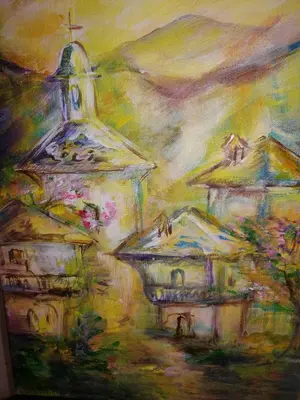a painting of a building with a cross on top at Къща за гости Кануш войвода in Kovachevitsa