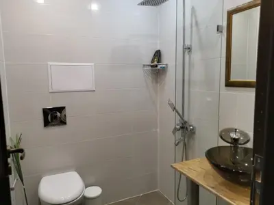 a bathroom with a shower with a sink and a toilet at Мирков Дар in Bansko