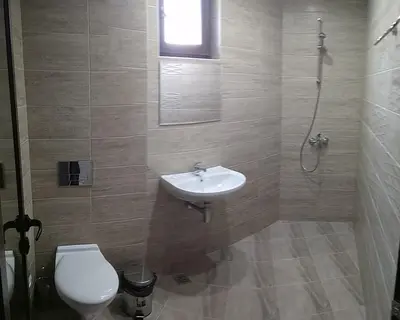 a bathroom with a sink and a toilet and a shower at Стаи за гости Праматарови Огняново in Ognyanovo