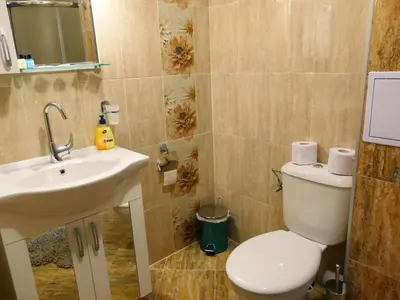 a bathroom with a toilet and a sink at Nikol Deluxe in Velingrad