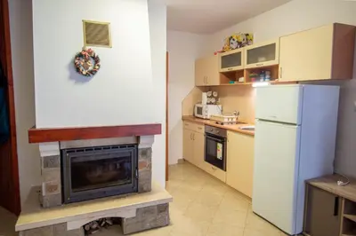 a kitchen with a fireplace and a refrigerator at 2 bedroom, 2 showeroom Villa suitable for a family skication and remote working in Pamporovo