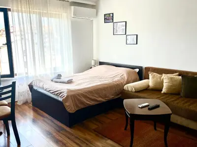 a small bedroom with a bed and a couch at Nickmar Studio-Apartment in Bansko