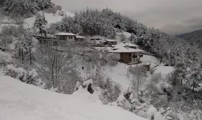 a house on a snow covered hill with snow covered trees at Къщи за гости 
